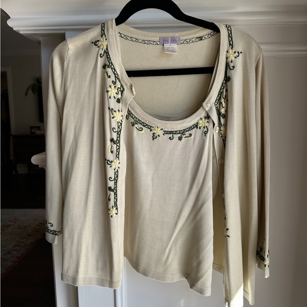 Embroidered Cream Sweater Set